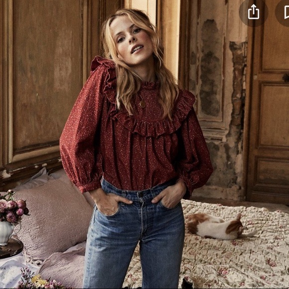 Doen Tops - Doen Reina Top in Burgundy Floral Prairie Ruffle